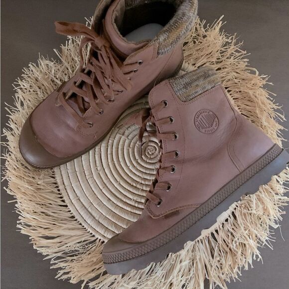 PALLADIUM Women’s Pampa Hi Knit Sunrise Lace Up Brown Leather Boots 9.5 - Picture 1 of 16